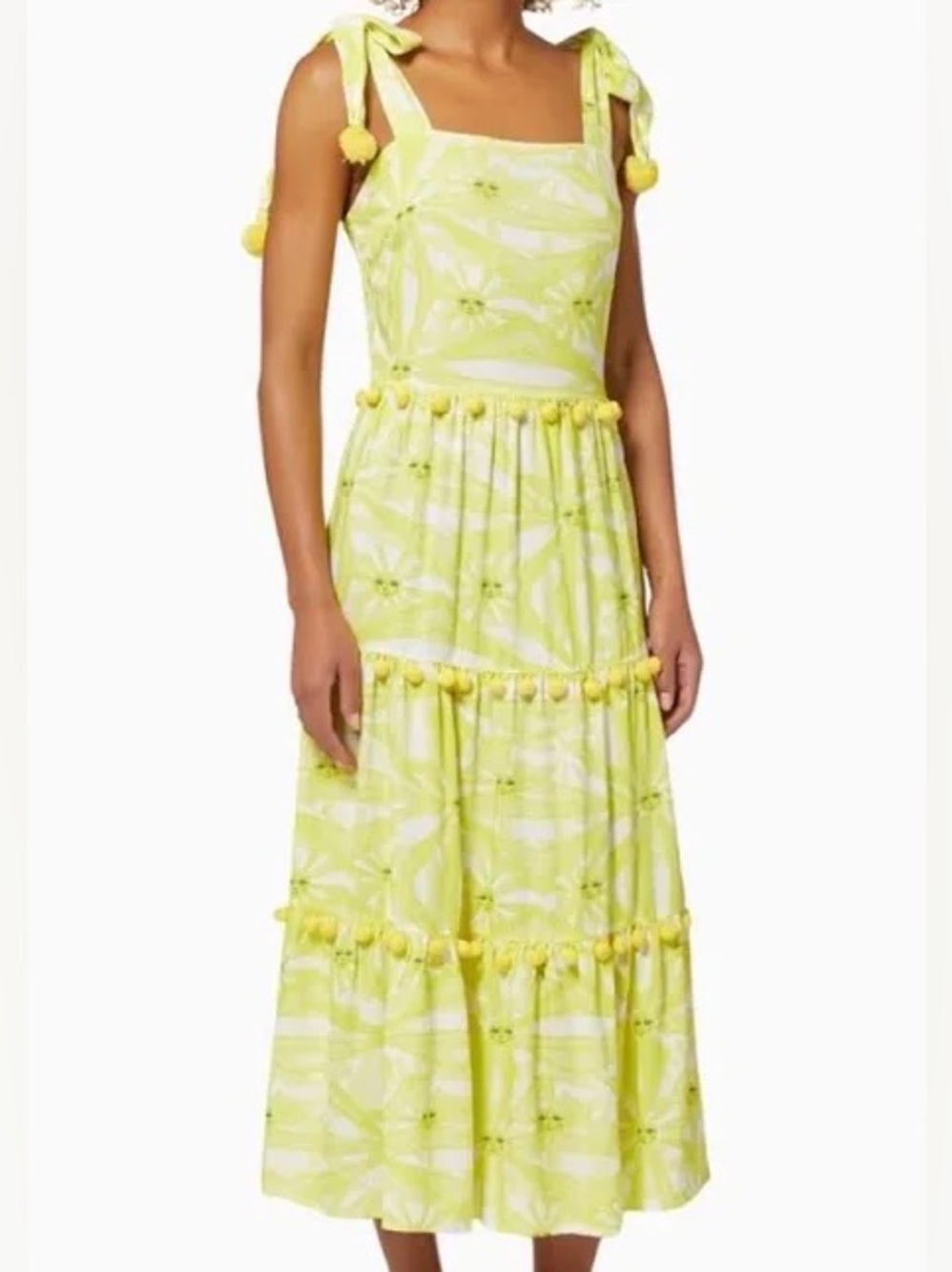 Never Fully Dressed Maxi Sun Print Yellow Tiered Dress with Pom Pom US6 $164